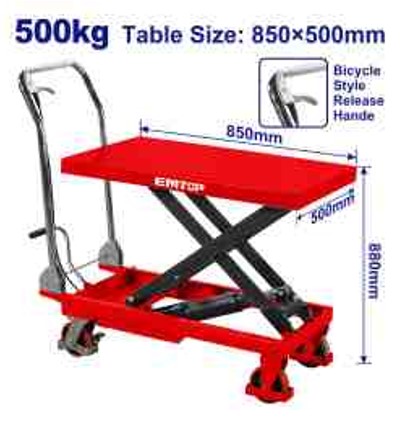 Manual Lift Table 500kg Load Capacity, 285-880mm Height Adjustment, 850x500mm Table Size, 125x40mm PU Wheels